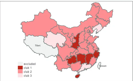 Figure 3:  Final house price convergence club classification for the ASHP: 30 regions ExcelPro的图表博客TibetTaiwanexcludedclub 1club 2club 3