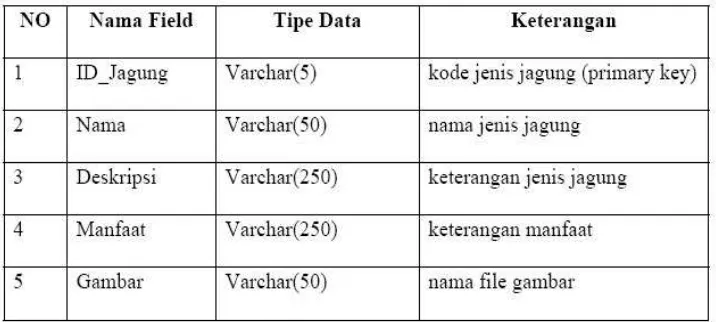 Tabel t_Aturan_ciri menyimpan data kode jenis jagung dan kode ciri yang digunakan 