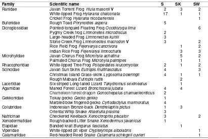 Table 1. List of herpetofauna observed in Wonosobo agricultural landscape. Keys: S=RIver, SK=Salak Plantation, SW=Ricefields