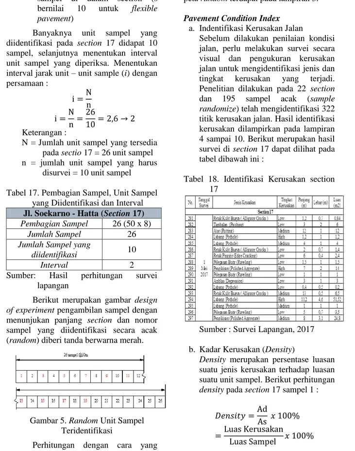 Tabel 17. Pembagian Sampel, Unit Sampel  yang Diidentifikasi dan Interval  Jl. Soekarno - Hatta (Section 17)  Pembagian Sampel  26 (50 x 8) 