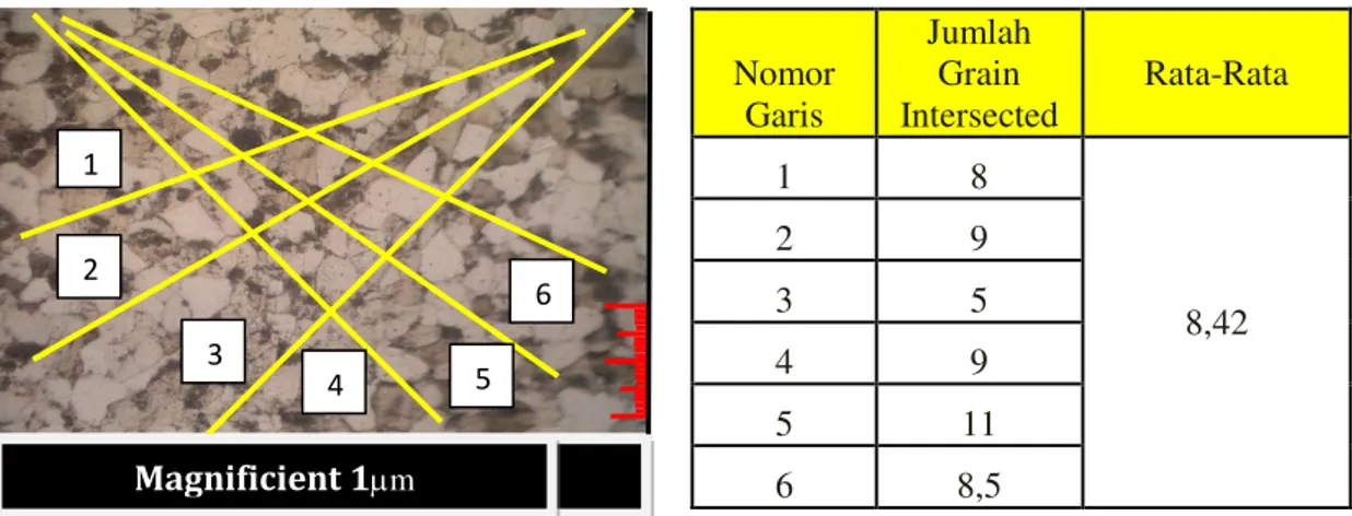 Gambar 10. Bentuk struktur mikro pipa korosi dan data grain size material pipa korosi                                                    Line length intersected rata-rata            