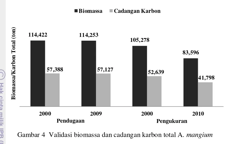 Gambar 4  Validasi biomassa dan cadangan karbon total A. mangium 