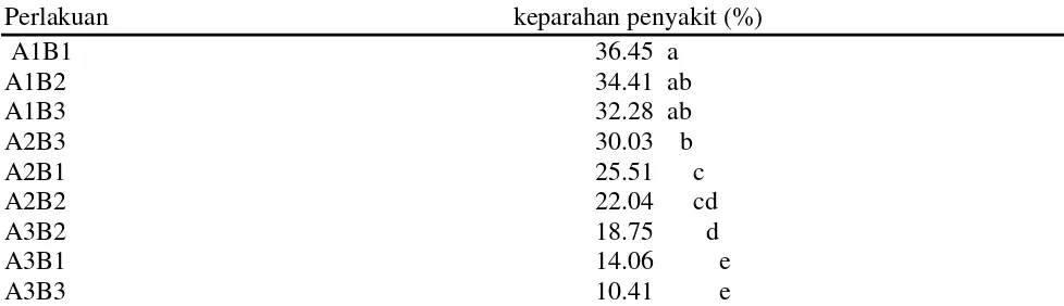 Tabel 4. Pengaruh interaksi umur tanaman dan dosis pupuk kalium terhadap keparahanPenyakit bulai pada tanaman jagung