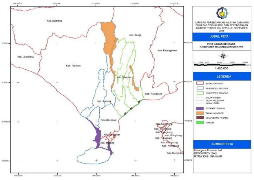 Gambar 4. 2 Peta rawan bencana di Kabupaten Badung dan Gianyar Sumber: BPBD Provinsi Bali 
