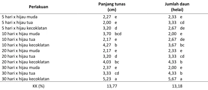 Tabel 2. Pengaruh interaksi antara umur batang bawah dan kondisi batang atas terhadap pertumbuhan batang  atas (panjang tunas dan jumlah daun) 3 BSG 