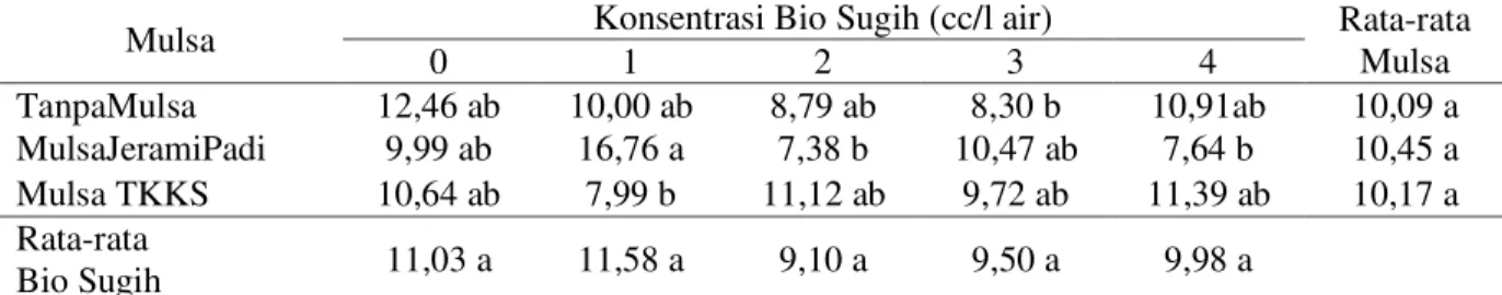 Tabel  4.  Rata-rata  berat  kering  kacang  hijau  (g)  yang  diberi  beberapa  konsentrasi bio  sugih  dan mulsa 