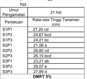 Tabel  1.  Pengaruh  kombinasi  dosis  pupuk  organik sari alam dan petrobio pada  parameter  tinggi  tanaman  umur  21  hst 