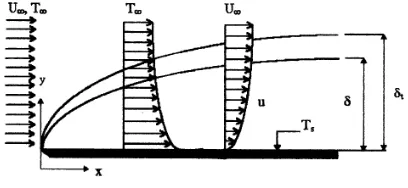 Gambar 1. Lapisan batas hidrodinamik dan termal pada pelat datar. 