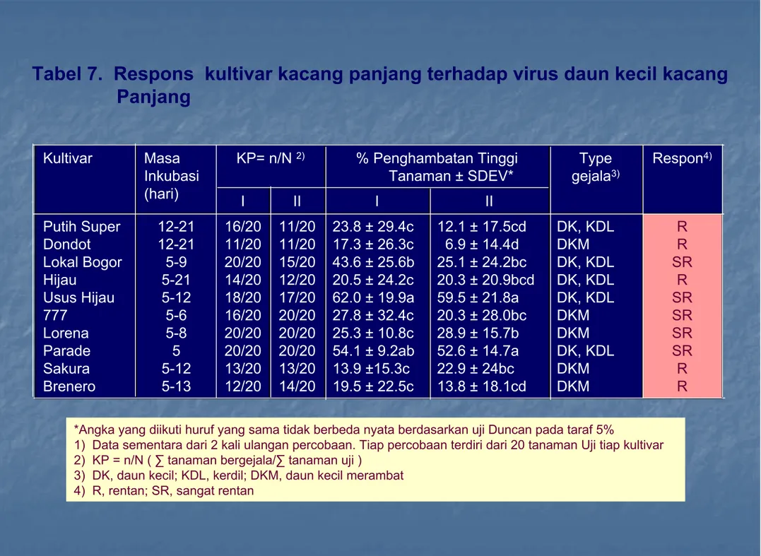 Tabel 7.  Respons  kultivar kacang panjang terhadap virus daun kecil kacang Panjang