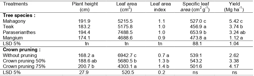 Table 2. Average plant height (210 DAP), leaf area, leaf area index, specific leaf area (180 DAP) and yield of cassava influenced by tree’s species and crown prunings