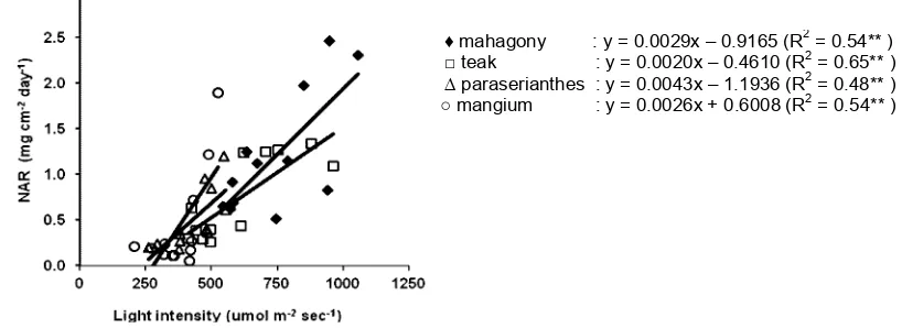 Figure 5. Relationship between cassava growth rate and light intensity under mahagony, teak,