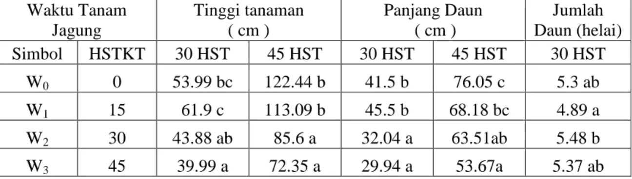 Tabel  2.  Rata-rata  tinggi  tanaman  dan  panjang  daun  umur  30  dan  45  HST,  serta  jumlah  daun  umur 30 HST jagung manis