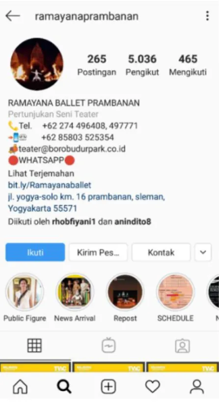 Gambar 1. 1 Instagram Ramayana Ballet Prambanan  sebagai media pemasaran 