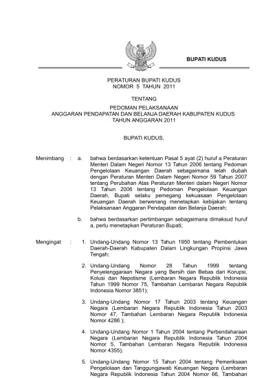 Peraturan Bupati Kudus Nomor 5 Tahun 2011 Tentang Pedoman Pelaksanaan Anggaran Pendapatan Dan 8414