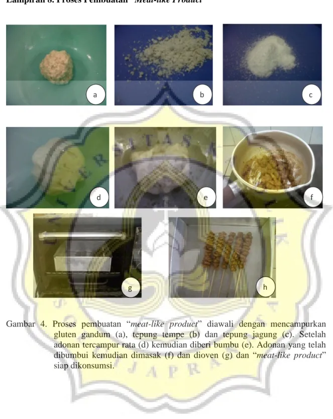 Gambar  4.  Proses  pembuatan  “meat-like  product”  diawali  dengan  mencampurkan   gluten  gandum  (a),  tepung  tempe  (b)  dan  tepung  jagung  (c)