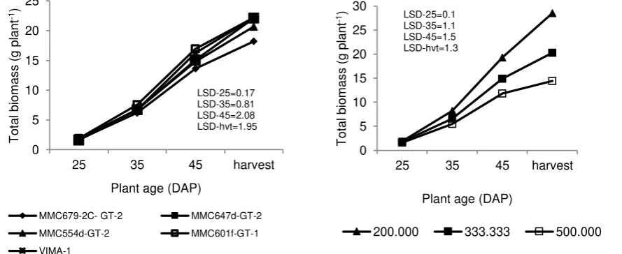 Figure 3. Number of trifoliate leaf (LN) and leaf area (LA) of five mungbean genotypes at various plant age 