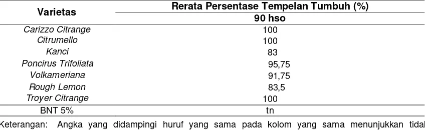 Tabel 1   Rerata Persentase Tempelan Jadi pada Berbagai  Perlakuan Varietas Calon Interstock 