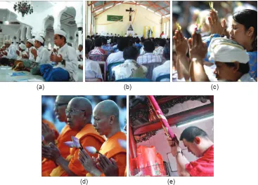 Gambar 2.5 Umat beragama sedang melaksanakan ibadah menurut agamanya, Umat Islam (a), Umat Kristiani (b), Umat Hindu (c), Umat Budha (d), dan Umat Konghucu (e)