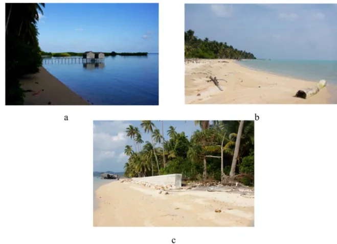 Gambar 9. (a) Pantai berpasir disebelah selatan daerah penelitian, (b,c) Pantai berpasir dibagian barat daerah penelitian, (c) Daerah tererosi dengan bangunan penahan gelombang.