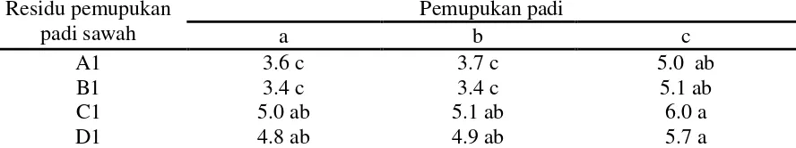 Tabel 6. Pengaruh residu pemupukan padi sawah dan pemupukan padi terhadap bobot 100 biji padi di Bayas Jaya, Kabupaten Indragiri Hilir Riau MH 2012 
