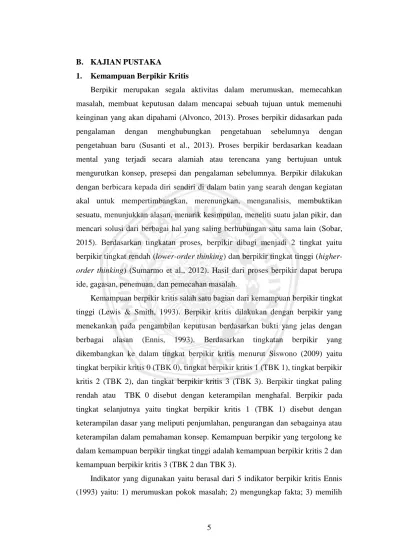 B. KAJIAN PUSTAKA 1. Kemampuan Berpikir Kritis Berpikir Merupakan ...