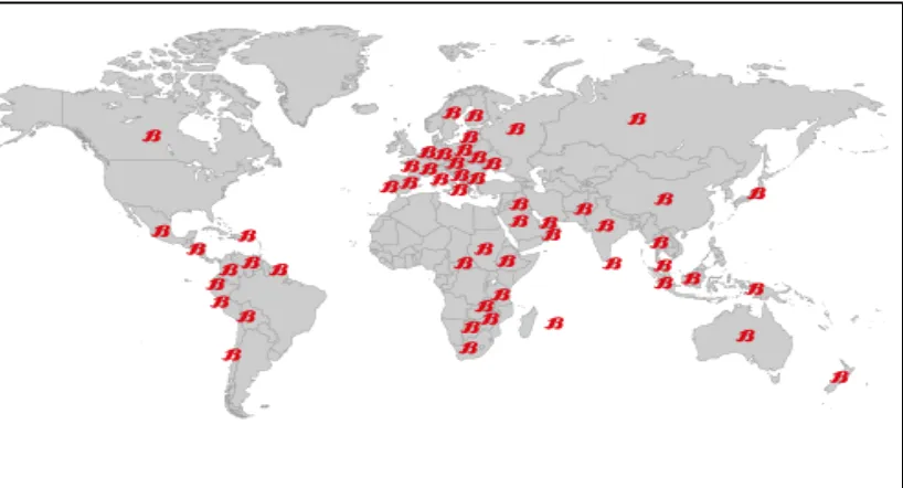 Gambar B di atas menunjukkan kesemua cawangan Bata Sdn Bhd di seluruh dunia.