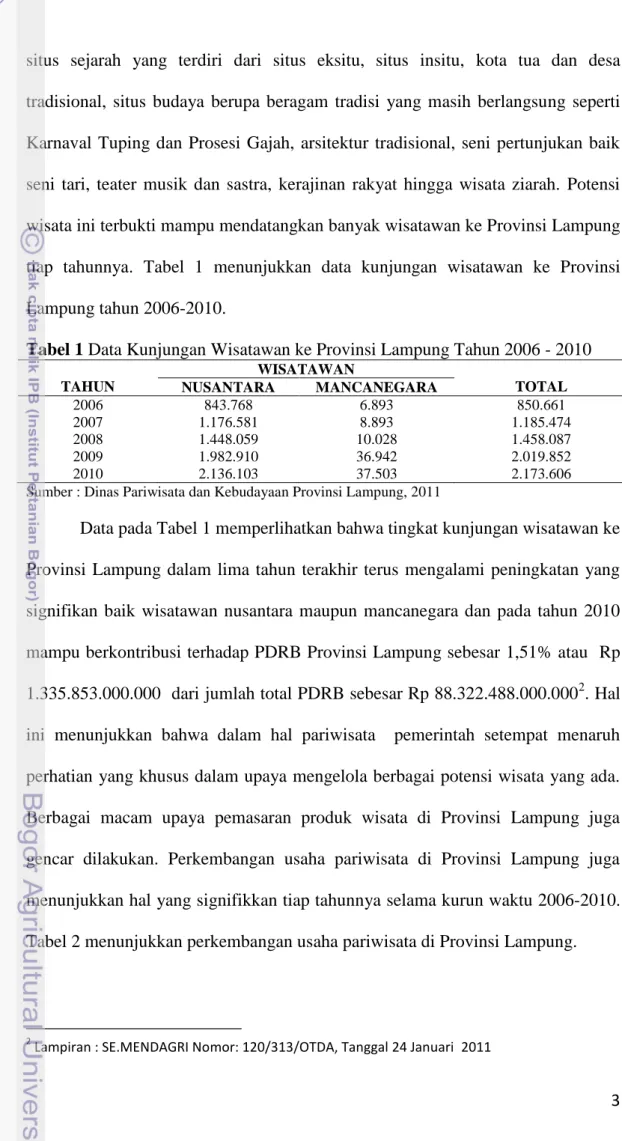 Tabel 1 Data Kunjungan Wisatawan ke Provinsi Lampung Tahun 2006 - 2010  