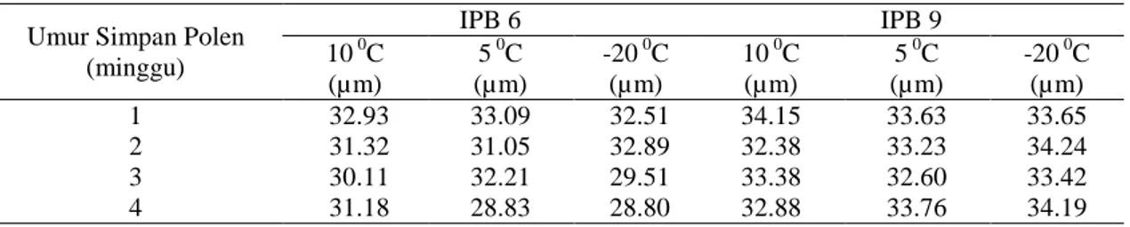 Tabel 2. Diameter polen pepaya IPB 6 dan IPB 9 selama 4 minggu penyimpanan 