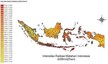 Gambar 2.2 Intensitas Radiasi Matahari Indonesia (esdm.go.id)   Indonesia  memiliki  keuntungan  secara  geografis  karena  terletak  di  daerah  tropis  dan  dilewati  oleh  garis  khatulistiwa  dimana intensitas radiasinya lebih tinggi dibandingkan daera