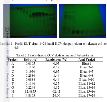 Gambar 1  Profil KLT eluat 1–24 hasil KCV dengan eluen n-heksana˗etil asetat 