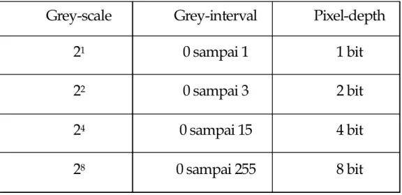 Tabel 1. Digitalisasi intensitas atau kuantisasi  Grey-scale  Grey-interval  Pixel-depth 