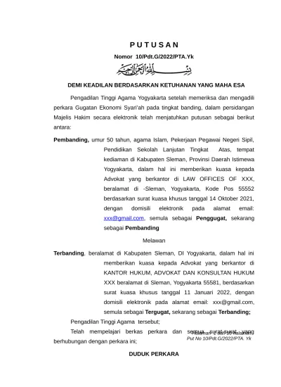 P U T U S A N. Nomor 10/Pdt.G/2022/PTA.Yk DEMI KEADILAN BERDASARKAN ...