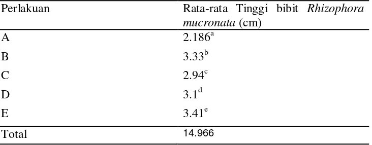 Tabel 1. Rata-rata tinggi bibit Rhizophora mucronata (cm). 