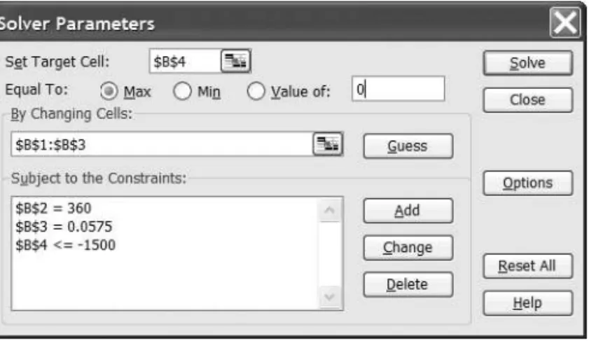 Figure 4-25. The completed Solver Parameters dialog box for the target home sales price problem