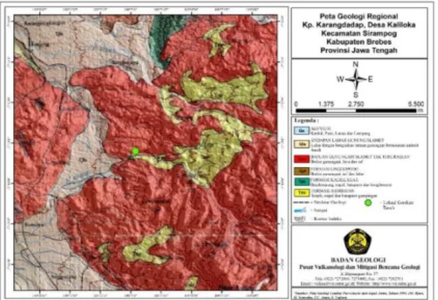 Gambar  6.  Peta  geologi  Desa  Kaliloka  dan  sekitarnya  Kecamatan  Sirampog,  Kabupaten  Brebes, Jawa Tengah 