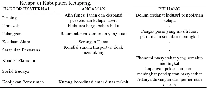 Tabel 2. Identifikasi Peluang dan  Ancaman dalam Pengembangan Agroindustri Kelapa di Kabupaten Ketapang