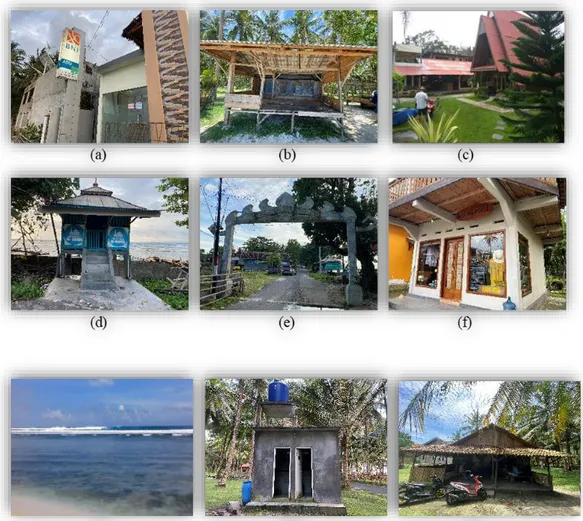 Gambar 3. 3 Beberapa Fasilitas di Pantai Tanjung Setia, Kabupaten Pesisir Barat   (a) ATM, (b) Gazebo, (c) Penginapan, (d) Musholla, (e) Pintu Masuk, (f) Toko Cindramata, 