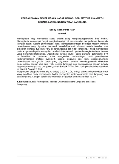 PERBANDINGAN PEMERIKSAAN KADAR HEMOGLOBIN METODE CYANMETH SECARA ...