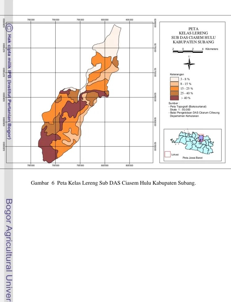Gambar  6  Peta Kelas Lereng Sub DAS Ciasem Hulu Kabupaten Subang. 