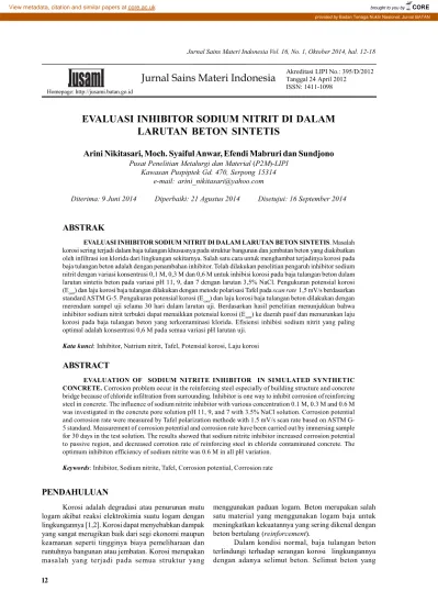 Jurnal Sains Materi Indonesia Evaluasi Inhibitor Sodium Nitrit Di Dalam