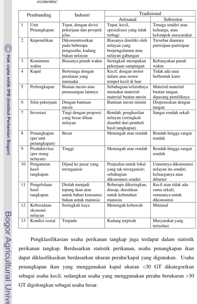 Tabel 1  Perbandingan nelayan industri dan tradisional dari sisi technicio-socio-                economic  Tradisional  Pembanding Industri  Artisanal Subsisten  1 Unit  Penangkapan 