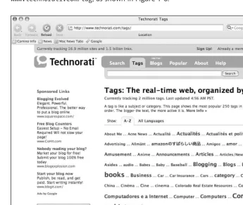 Figure 1-8. Technorati’s tag cloud highlights the most popular tags.