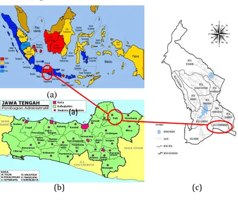 Gambar 2.2. Peta a.Jawa Tengah, b. Kabupaten Pati,  c. Desa Kedungbulus 