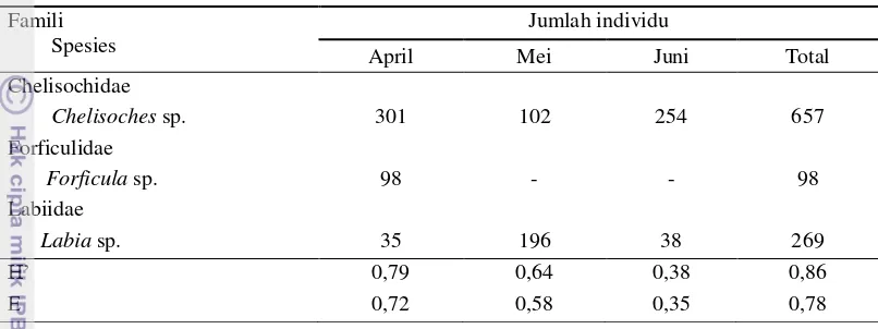 Tabel 1 Spesies dan jumlah individu cocopet  yang ditemukan pada bunga jantan kelapa sawit pada               bulan April, Mei, dan Juni 