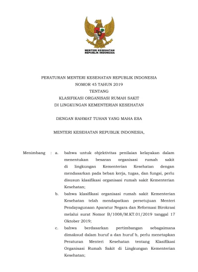 PERATURAN MENTERI KESEHATAN REPUBLIK INDONESIA NOMOR 45 TAHUN 2019 ...