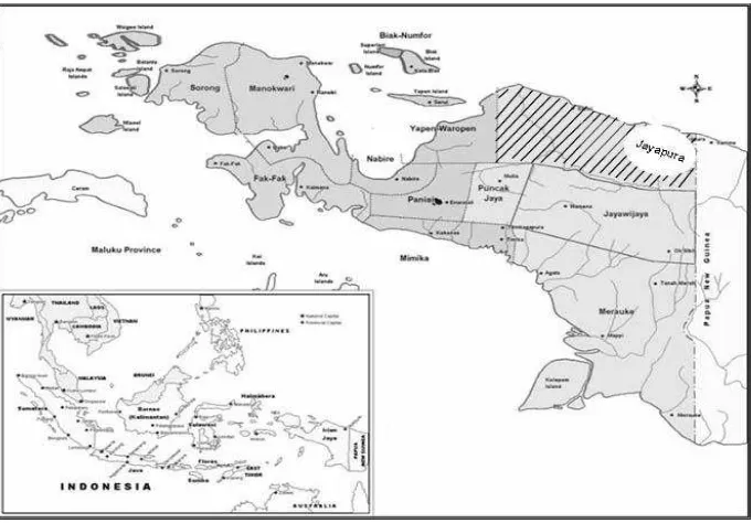 Figure 1. A sketch map of the Jayapura District (lined area), Jayapura City (white circle) and its geographic location within the Indonesia archipelago (inset)