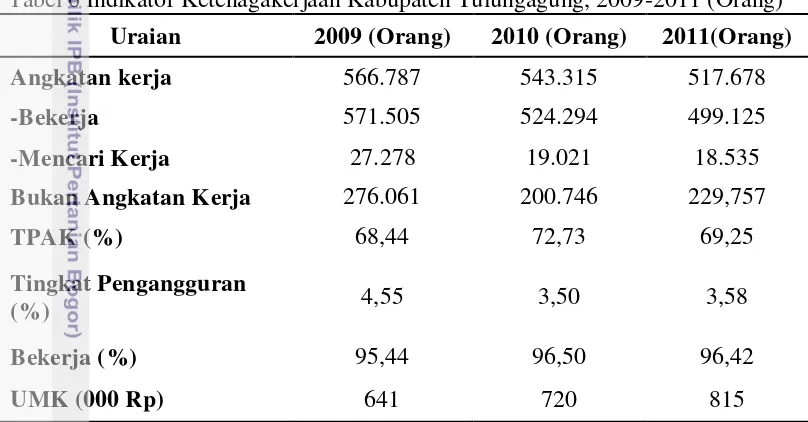 Tabel 6 Indikator Ketenagakerjaan Kabupaten Tulungagung, 2009-2011 (Orang) 