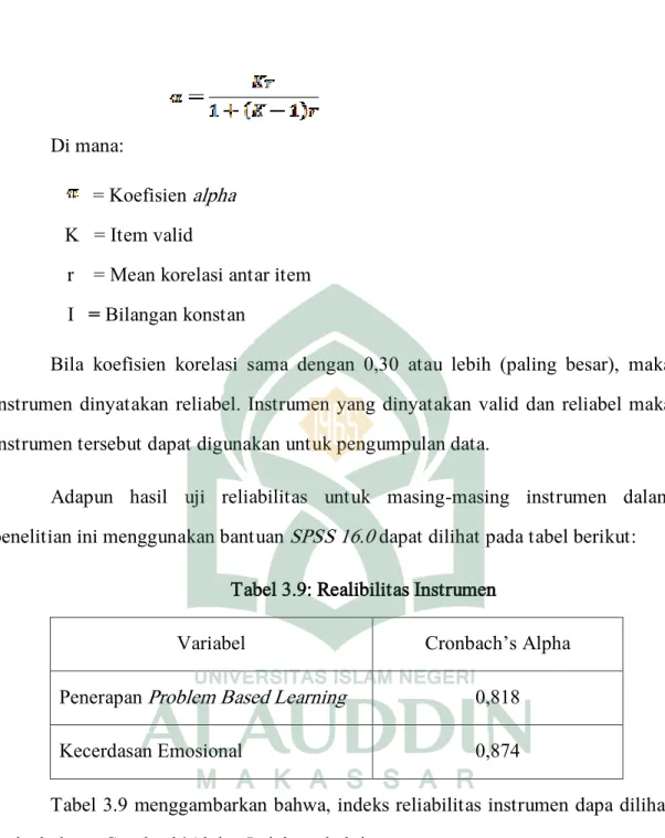 Tabel 3.9: Realibilitas Instrumen 