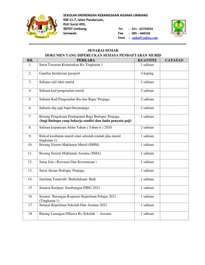 SENARAI SEMAK DOKUMEN YANG DIPERLUKAN SEMASA PENDAFTARAN MURID BIL ...