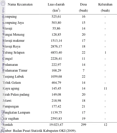 Tabel 5. Luas daerah dan jumlah desa atau kelurahan per kecamatan berdasarkan 